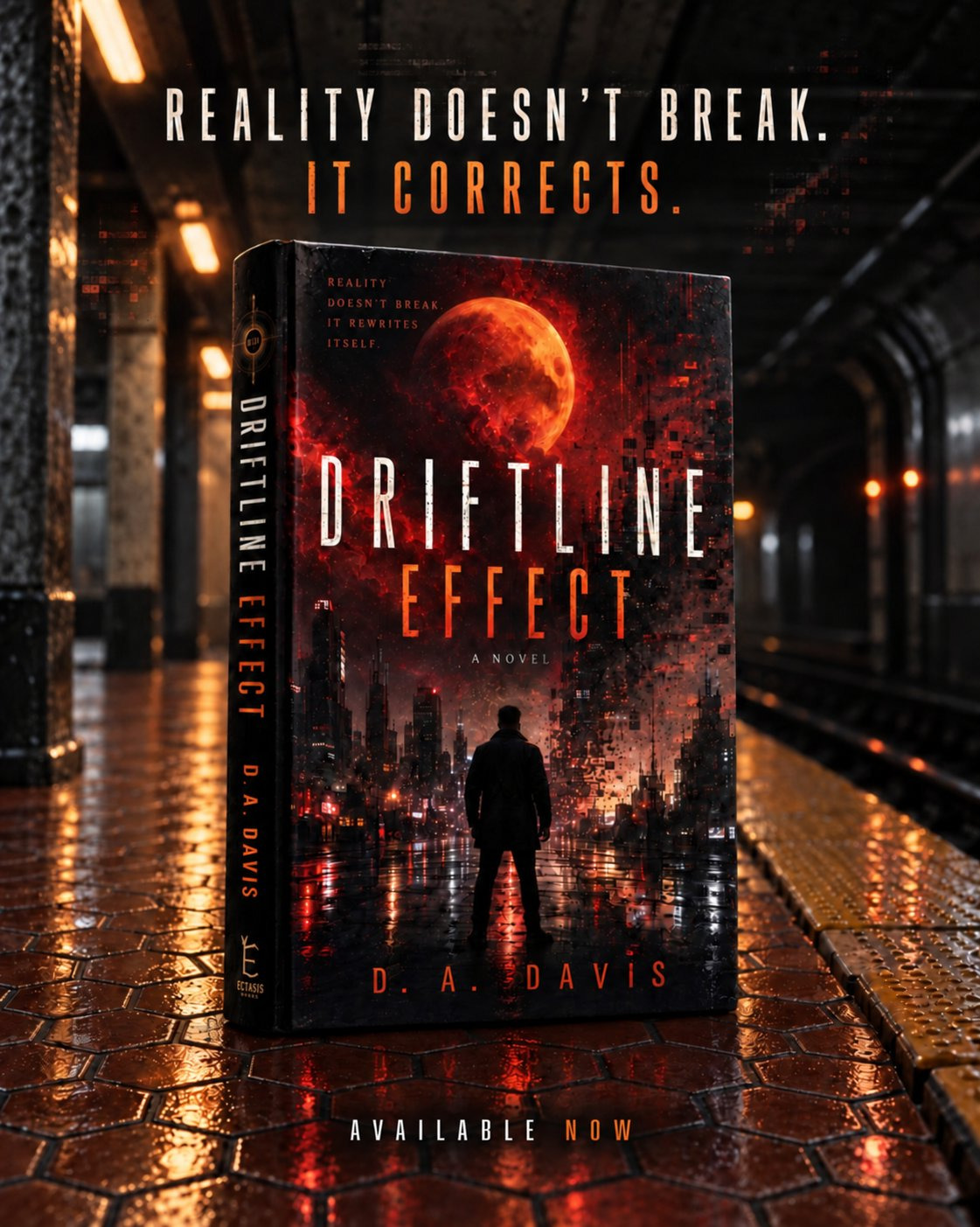 Three-dimensional Driftline Effect book mockup on a rain-lit subway platform