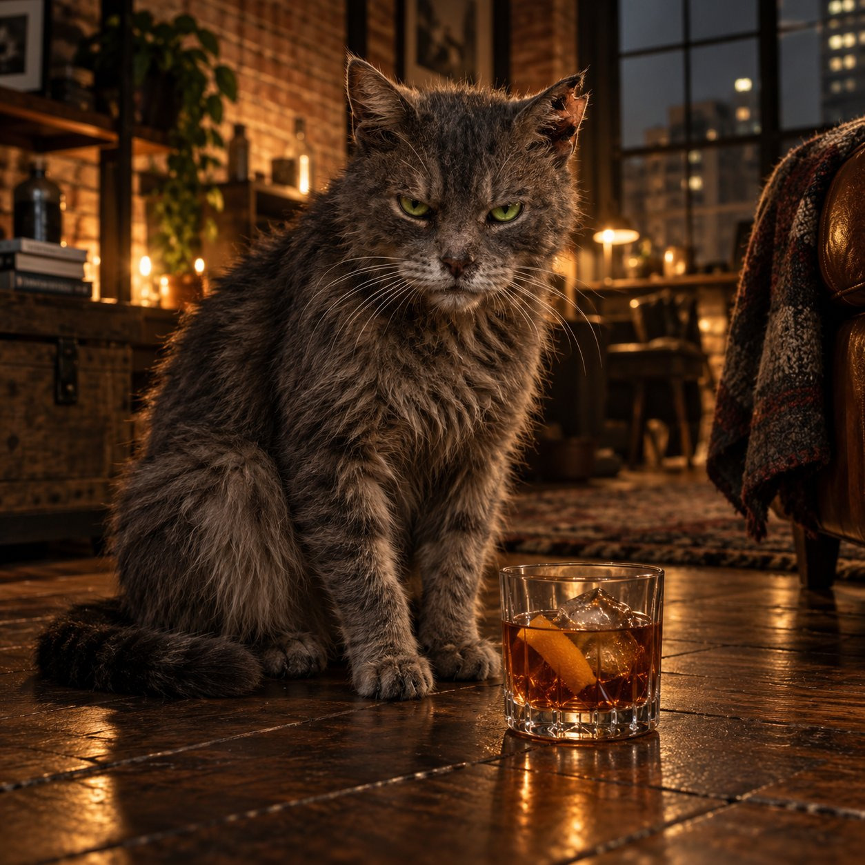 Whiskey, a weathered gray cat with green eyes, sitting beside a glass in a warmly lit room