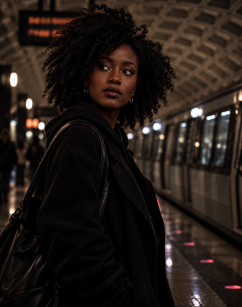 Nia in a black coat on a Metro platform, looking back over her shoulder as a train waits beside her