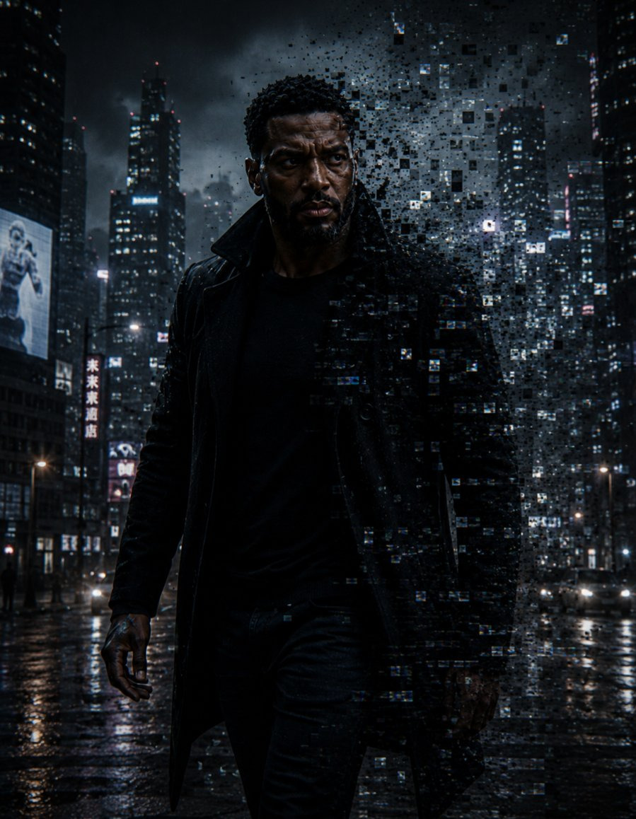 Xander Axton walking through a rain-dark city as his right side dissolves into digital fragments